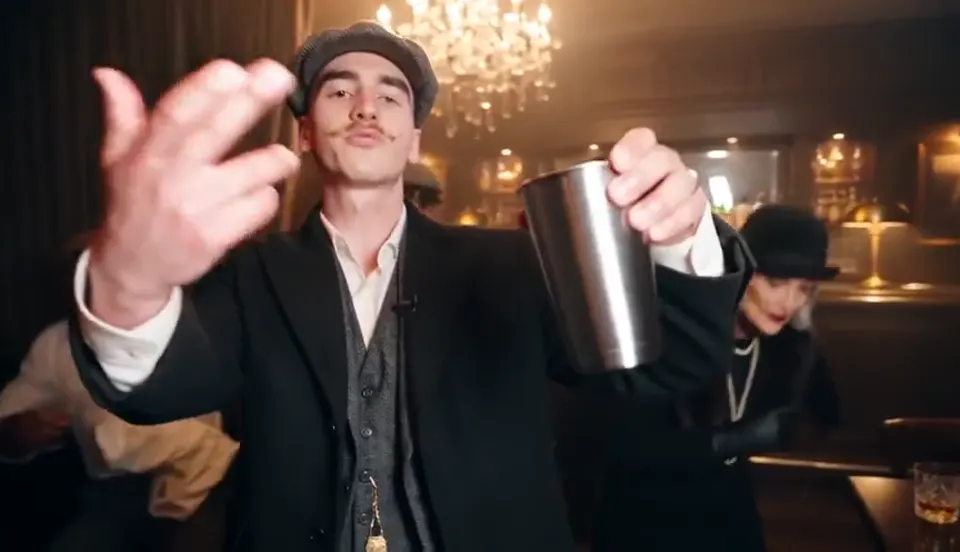 Burning Bridges AI video in a 1920s pub: lead with flat cap and friends in period outfits